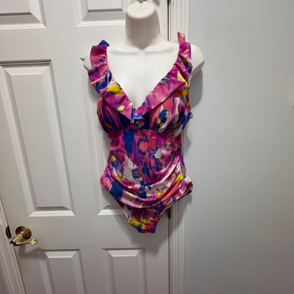 DKNY Pink and Blue One Piece Swimsuit with ruffle Plunging V-neckline size 10 - Picture 2 of 6